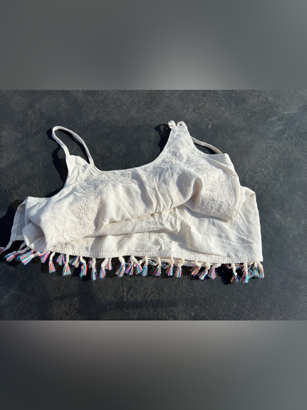 August Winds Cream Embroidered Tassel Hem Boho Beachy Top 55 percent Cotton